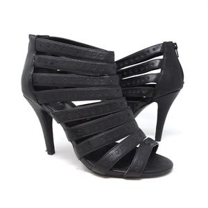 Torrid black strappy faux leather heels, size 10W